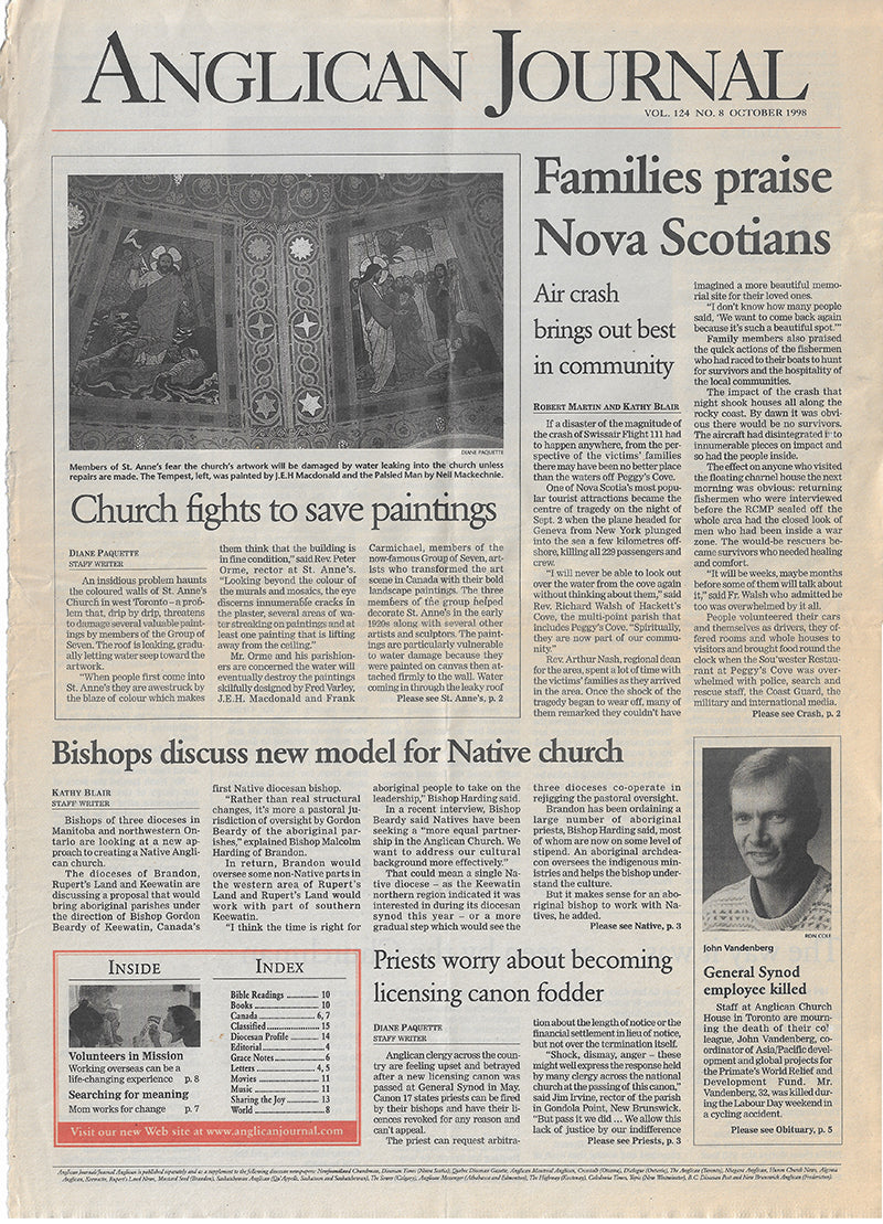 Anglican Journal - October 1998 - One Page only - Flight 111 + St Anne's paintings