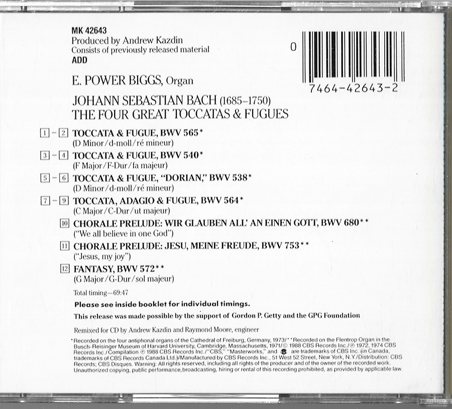 E. Power Biggs - Johann Sebastian Bach (The Four Great Toccatas and Fugues) - MK42643
