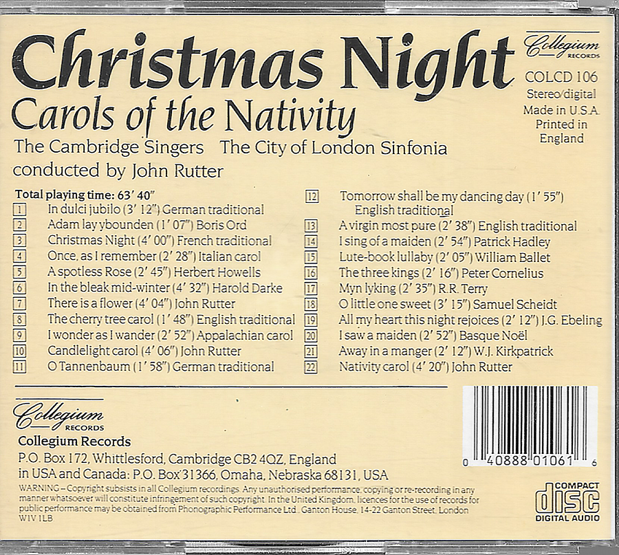 The Cambridge Singers - Christmas Night. Carols of the Nativity - COLCD106