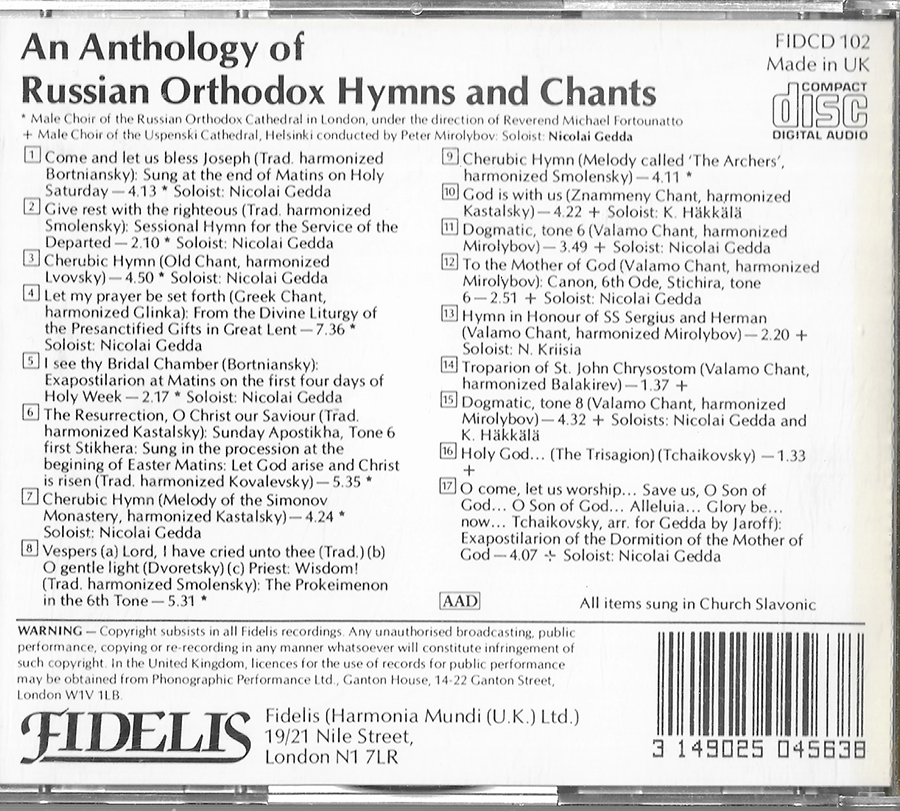 Nicolai Gedda - Anthology Of Russian Orthodox Hymns And Chants - FIDCD102