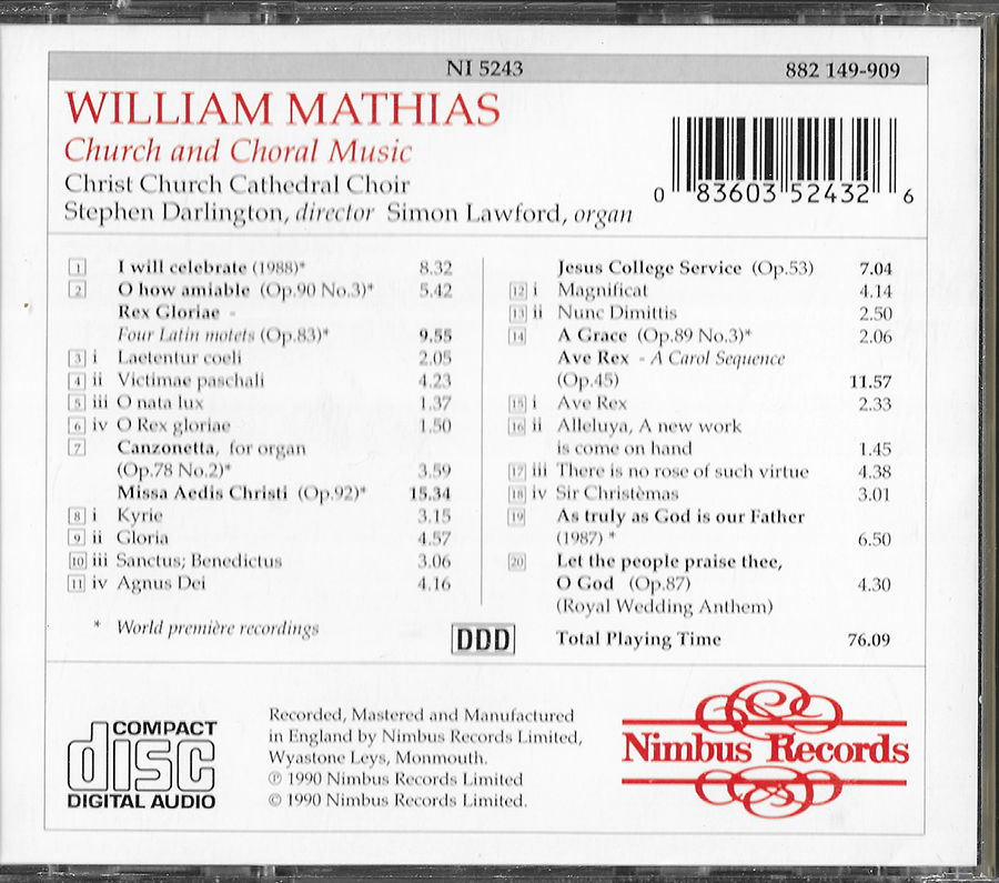William Mathias - Church and Choral Music - NI5243 Nimbus (1990)