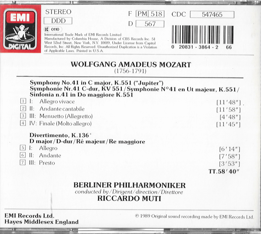 Riccardo Muti - Mozart Symphonie no. 41 - CDC547465