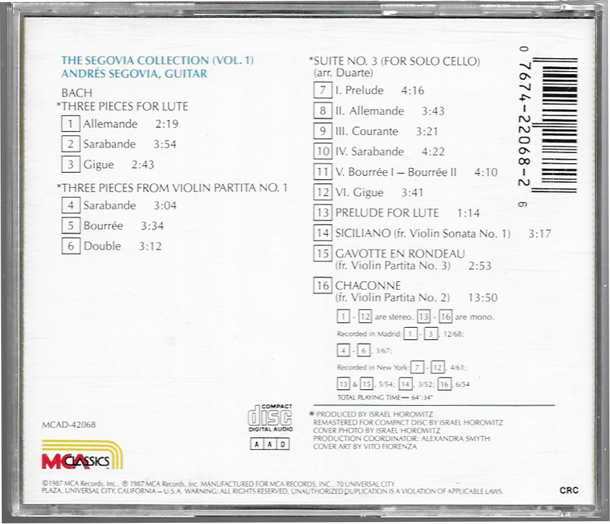 Andres Segovia - Bach - MCA - MCAD 42068 (1987)