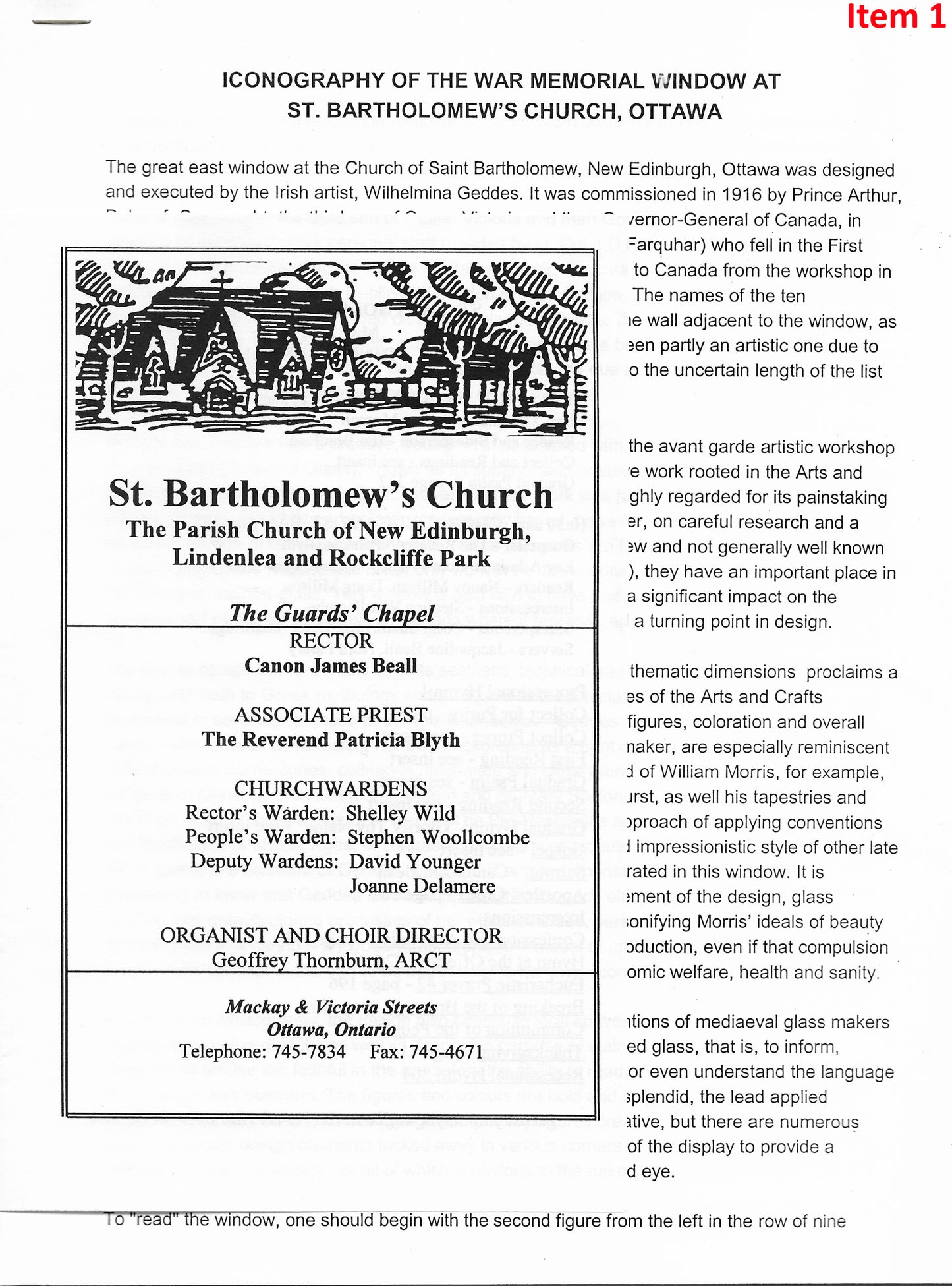 St. Bartholomew Ottawa - East Window - Event + association ephemera Wilhelmina Geddes