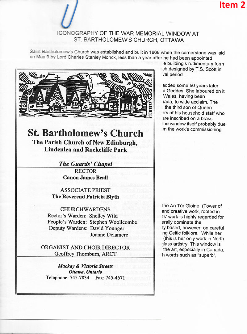 St. Bartholomew Ottawa - East Window - Event + association ephemera Wilhelmina Geddes