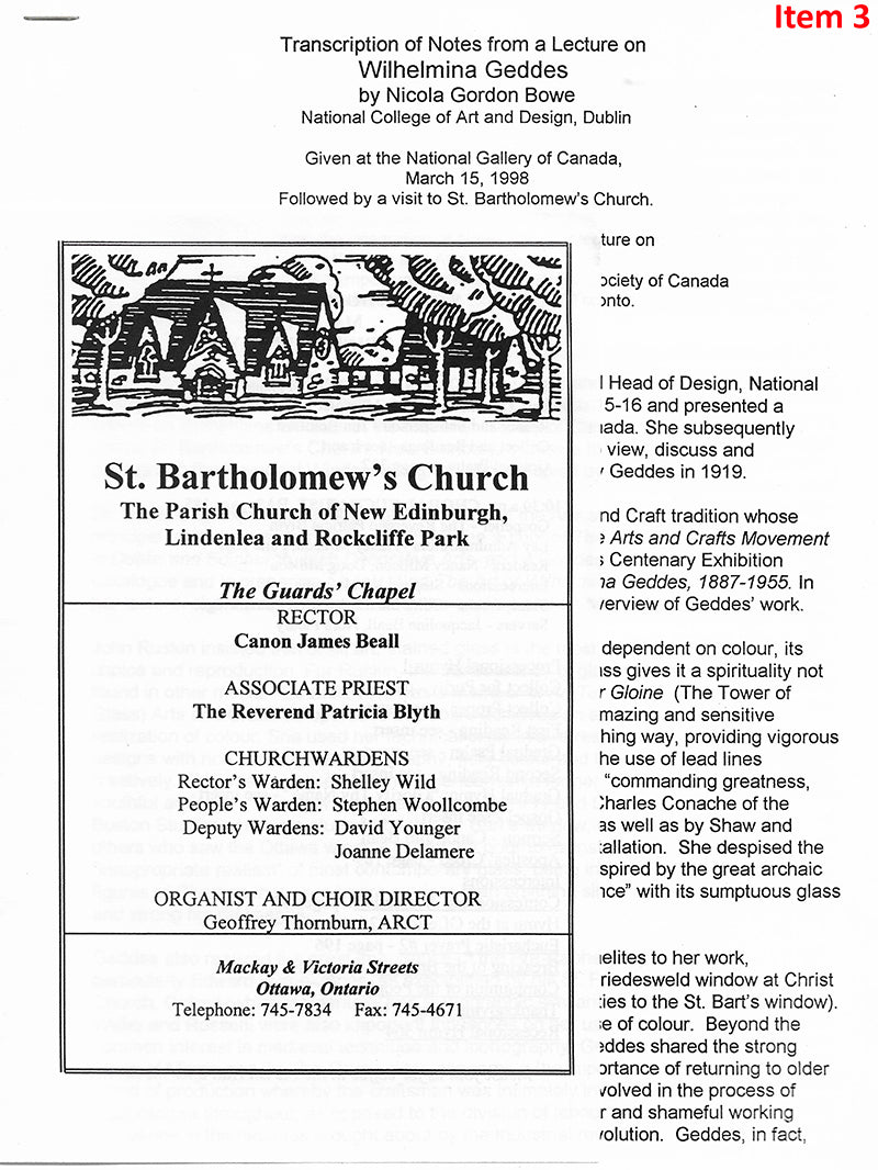 St. Bartholomew Ottawa - East Window - Event + association ephemera Wilhelmina Geddes