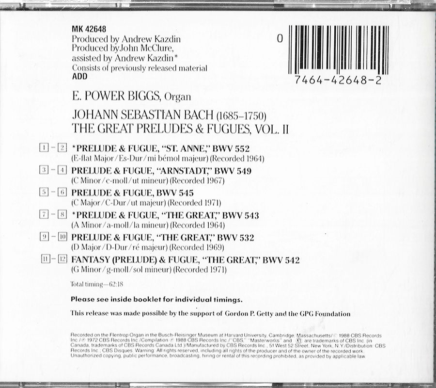 E. Power Biggs - Johann Sebastian Bach (The Great Preludes and Fugues VII) MK42648
