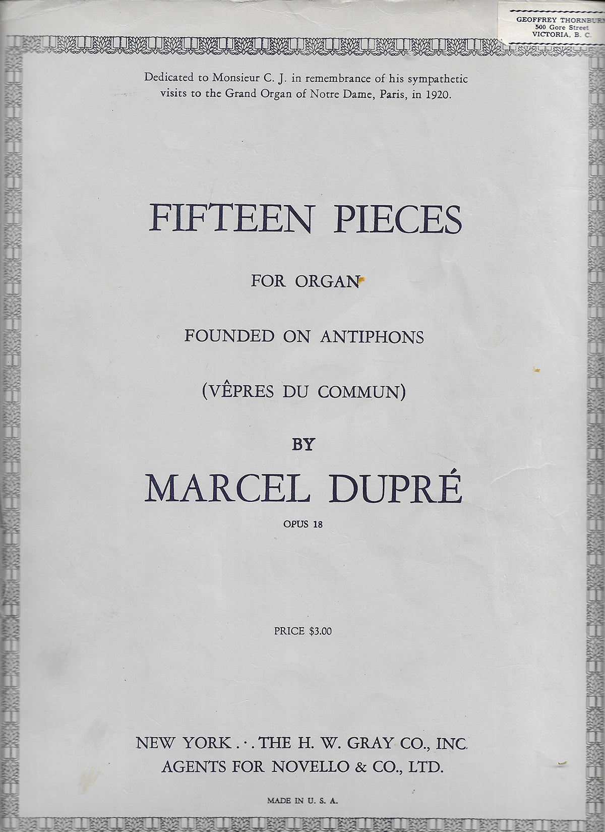 Fifteen Pieces for Organs founded on antiphons - Marcel Dupre Opus 18 - H.W.Gray (1948)