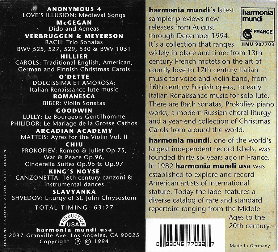 Harmonia Mundi - 1994 new release sampler - Digipac sampler - HMU907703