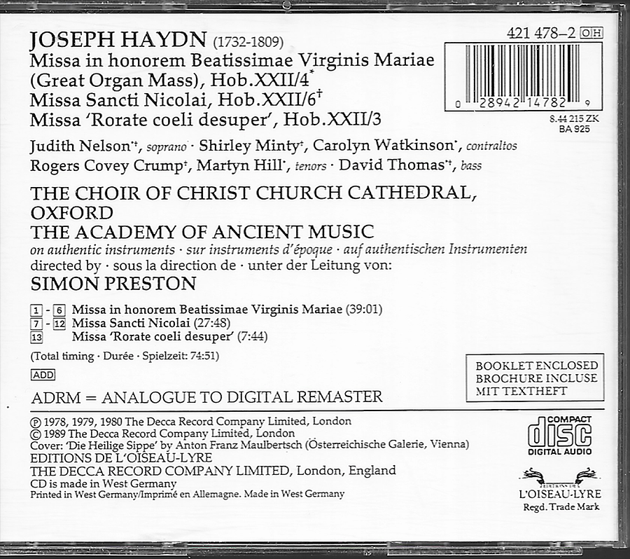 Joseph Haydn - Missa Sancti Nicolai - Florilegium Series - Oxford Cathedral - 4214782