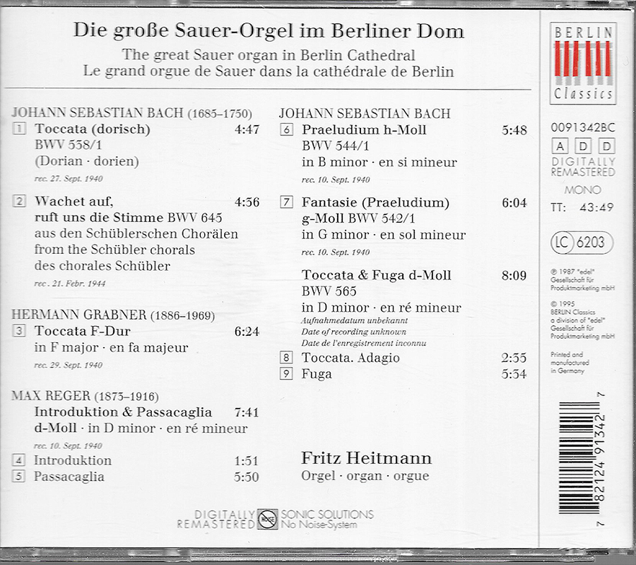 Bach, Grabner, Reger, Heitmann - Die Sauer Orgel - Berlin Cathedral - LC6203