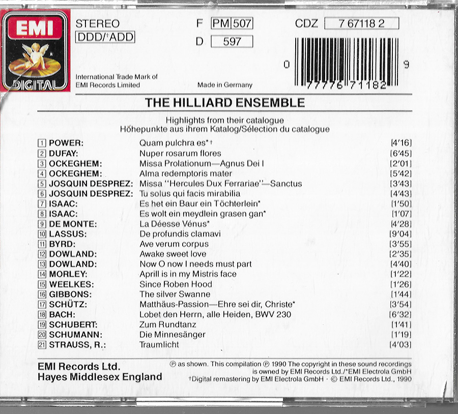 The Hilliard Ensemble - Highlights from their catalogue - Angel Reflexe CDZ 7 67118 2