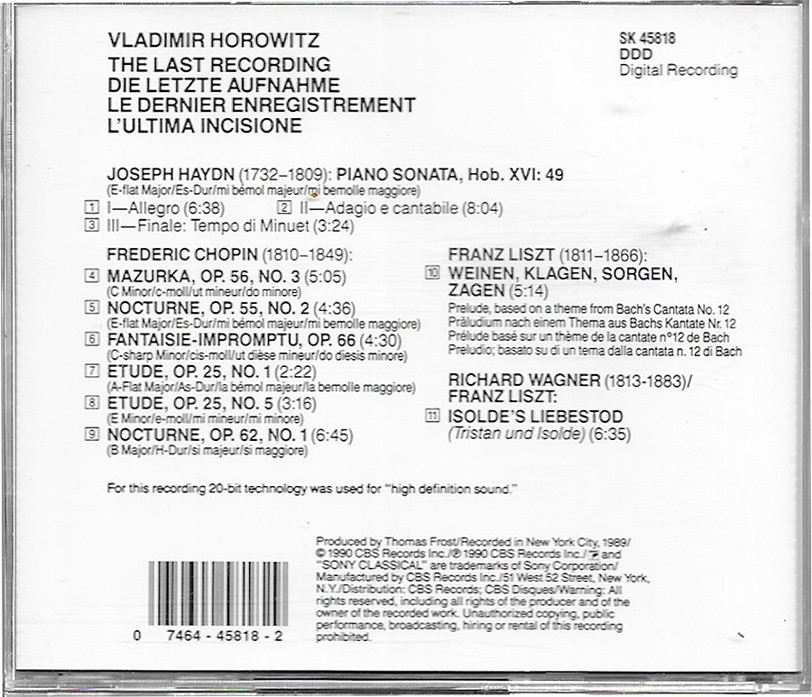 Vladimir Horowitz - The Last Recording - Sony - SK45818