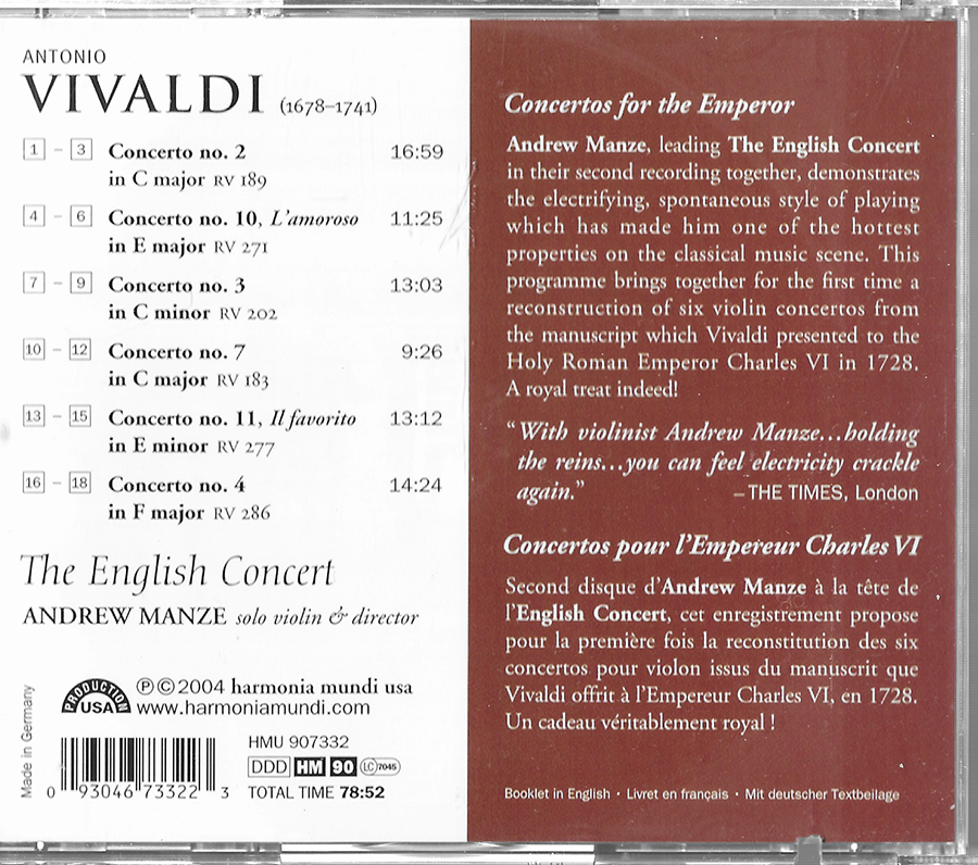 Andrew Manze - Vivaldi - Concertos For The Emperor - HMU907332