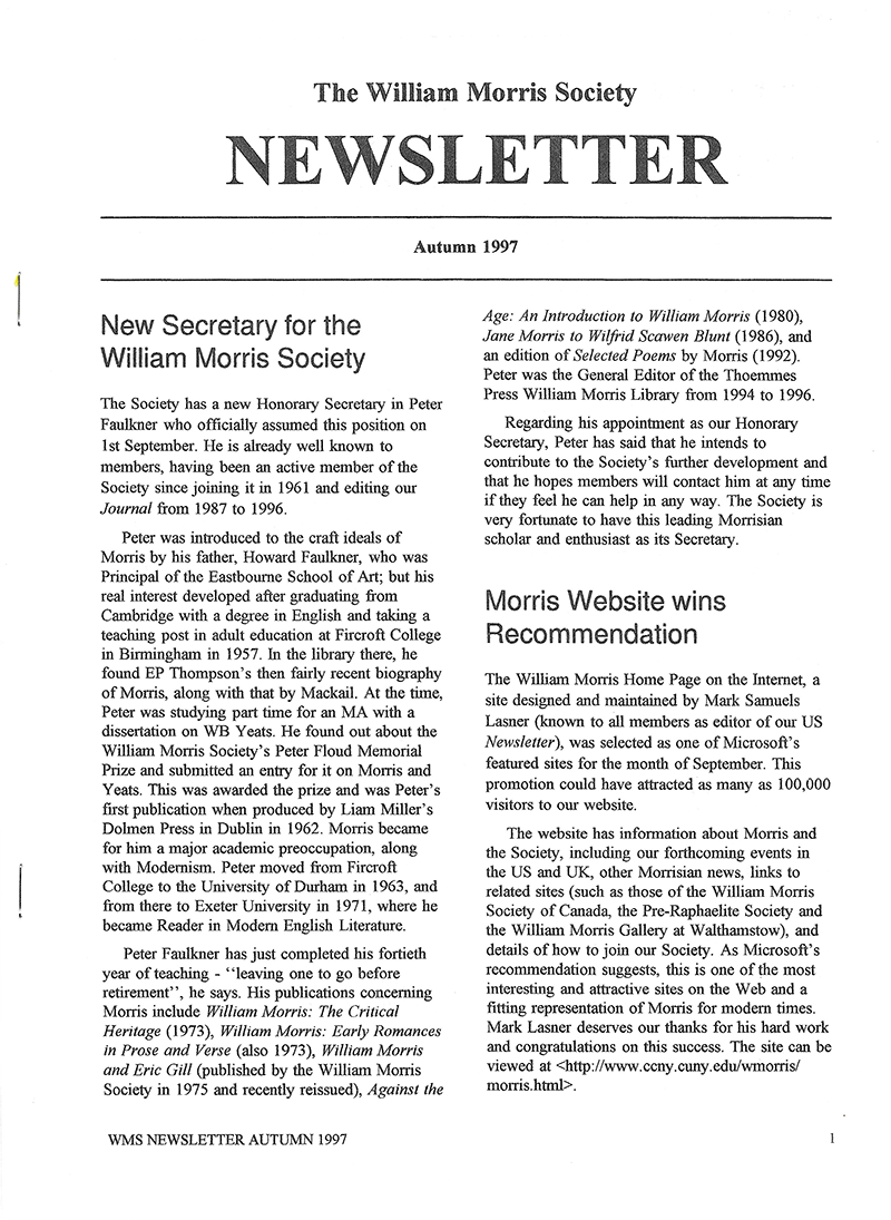 The William Morris Society (UK) newsletter - Autumn 1997