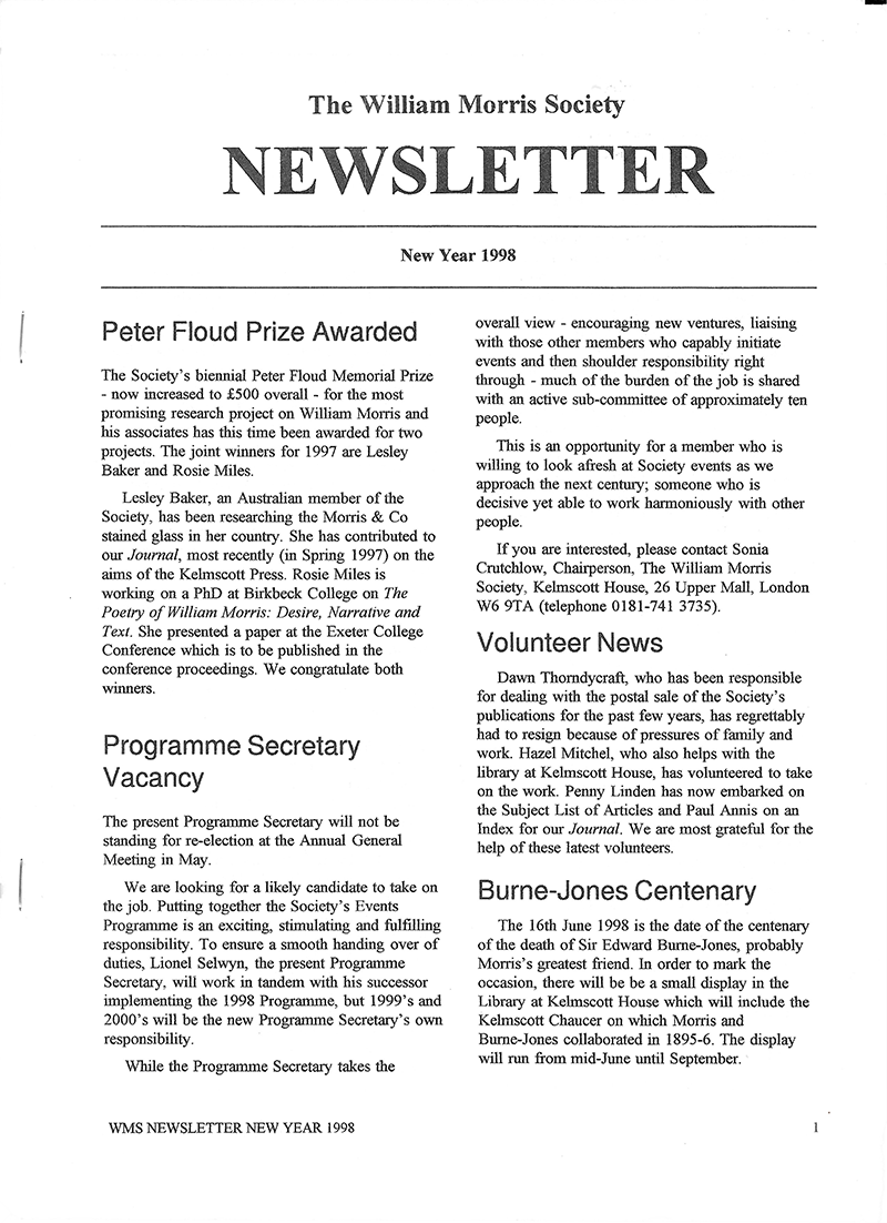 The William Morris Society (UK) newsletter - New Year 1998
