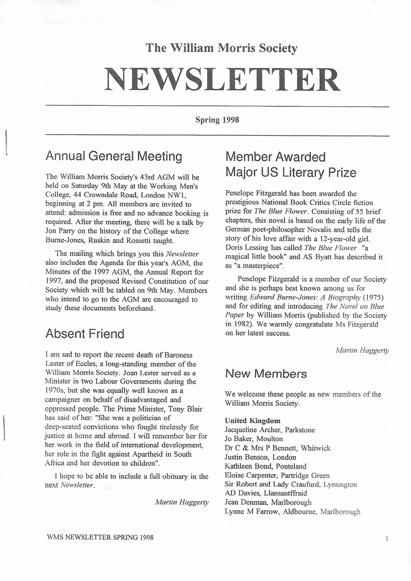 The William Morris Society (UK) newsletter - Spring 1998