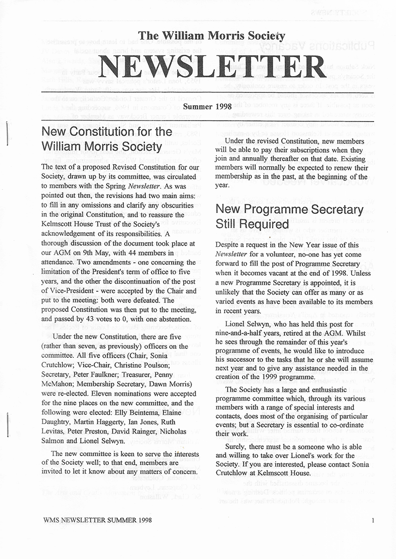 The William Morris Society (UK) newsletter - Summer 1998