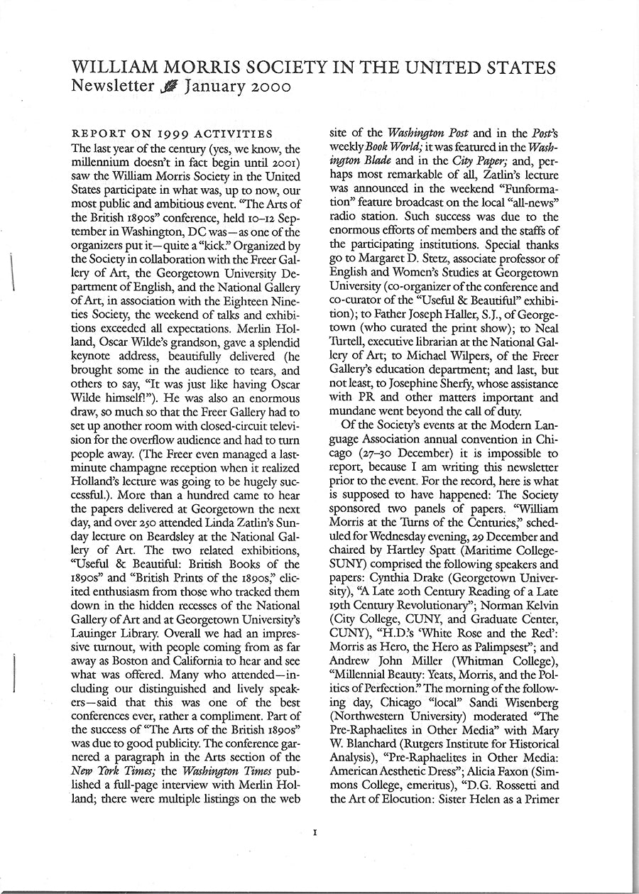 William Morris Society in the United States - January 2000 - Newsletter