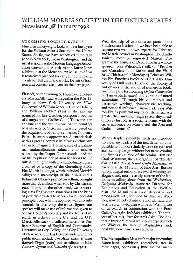 William Morris Society in the United States - January 1998 - Newsletter