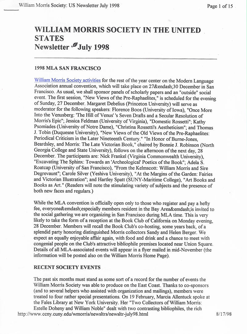 William Morris Society in the United States - July 1998 - Newsletter