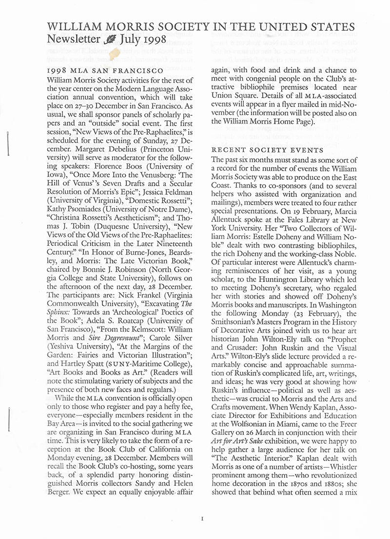 William Morris Society in the United States - July 1998 - Newsletter