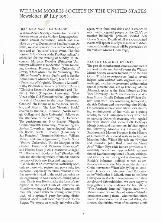 William Morris Society in the United States - July 1998 - Newsletter