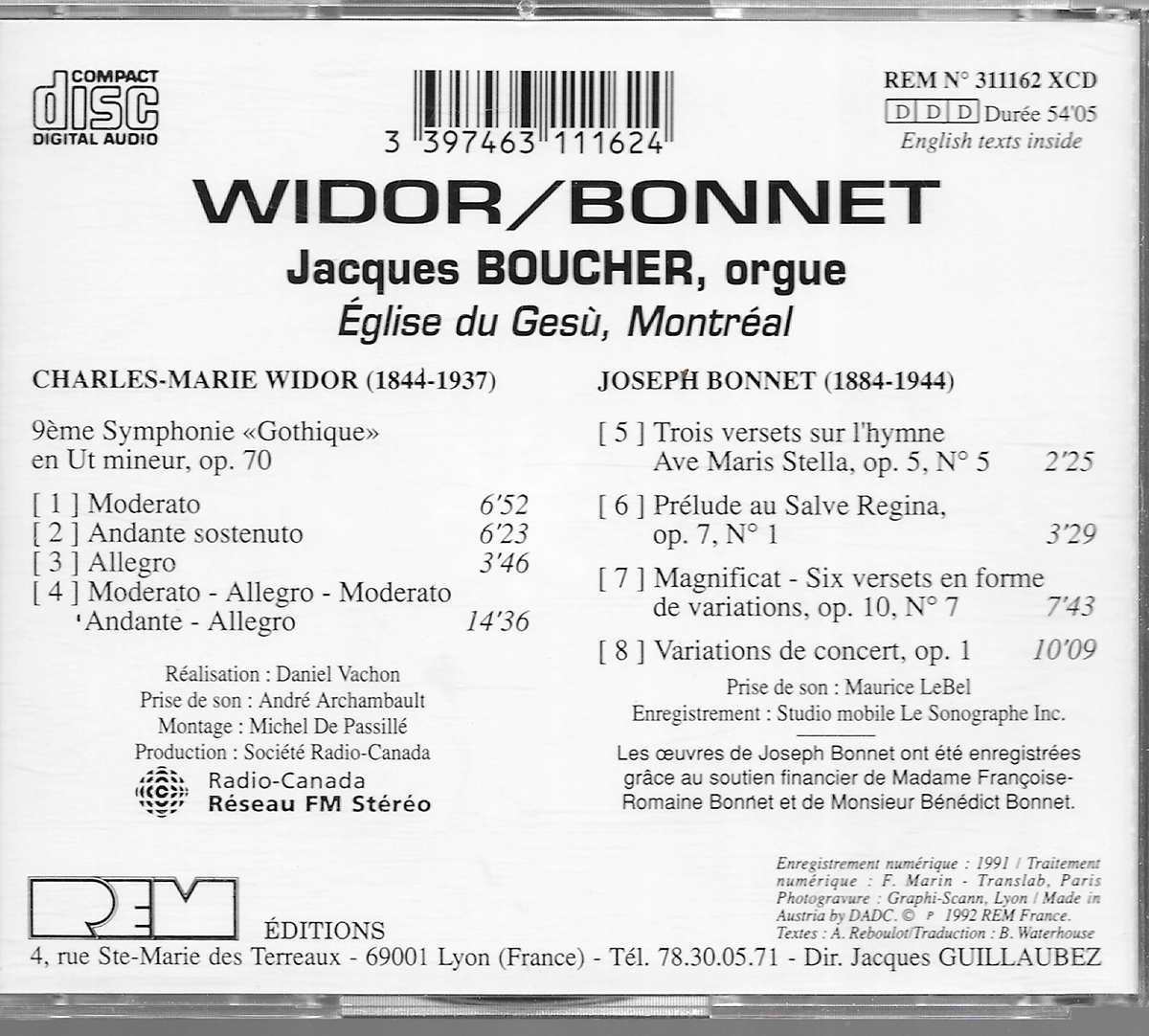 Organ Works - Charles Marie Widor + Joseph Bonnet - Orgue de Jesu (Montreal) REM311162XCD